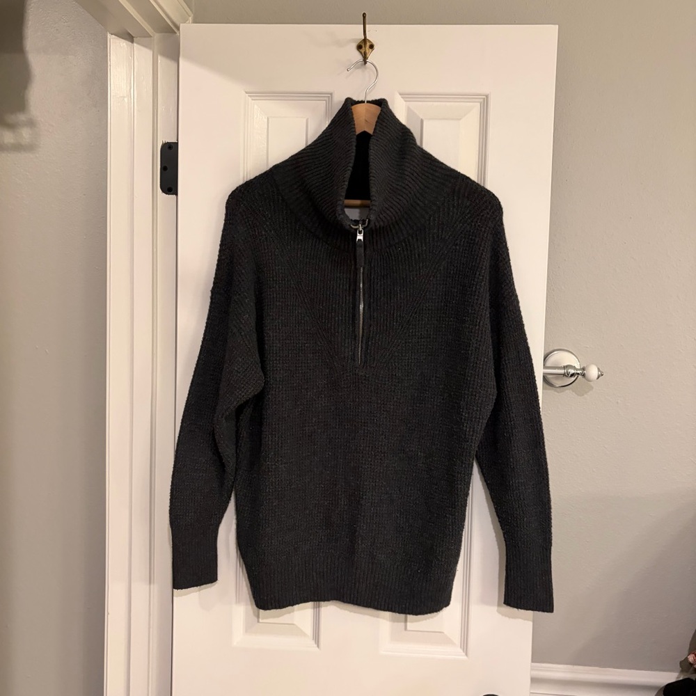 Aerie Waffle Knit Half Zip Pullover Gray XS